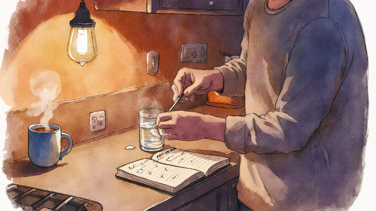 A person stirring psyllium husk into water while holding a journal, surrounded by a cozy kitchen setting.