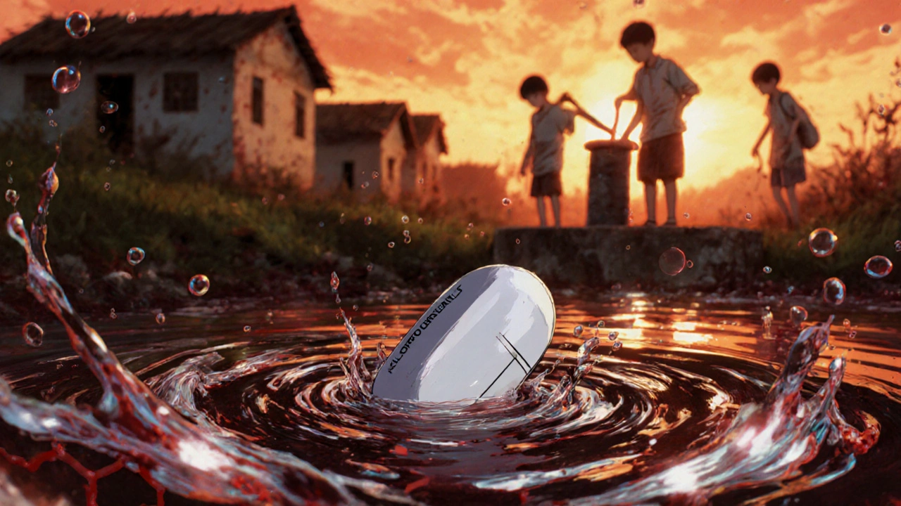 An allopurinol pill floats in a polluted river with chemical residues and villagers collecting water.