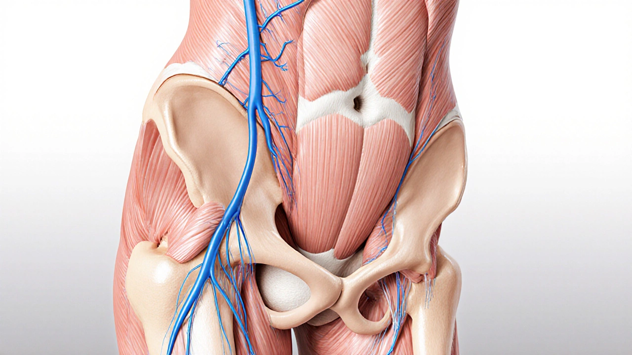 Anatomical illustration of bladder, urethra, and pelvic floor muscles with highlighted nerve pathways.