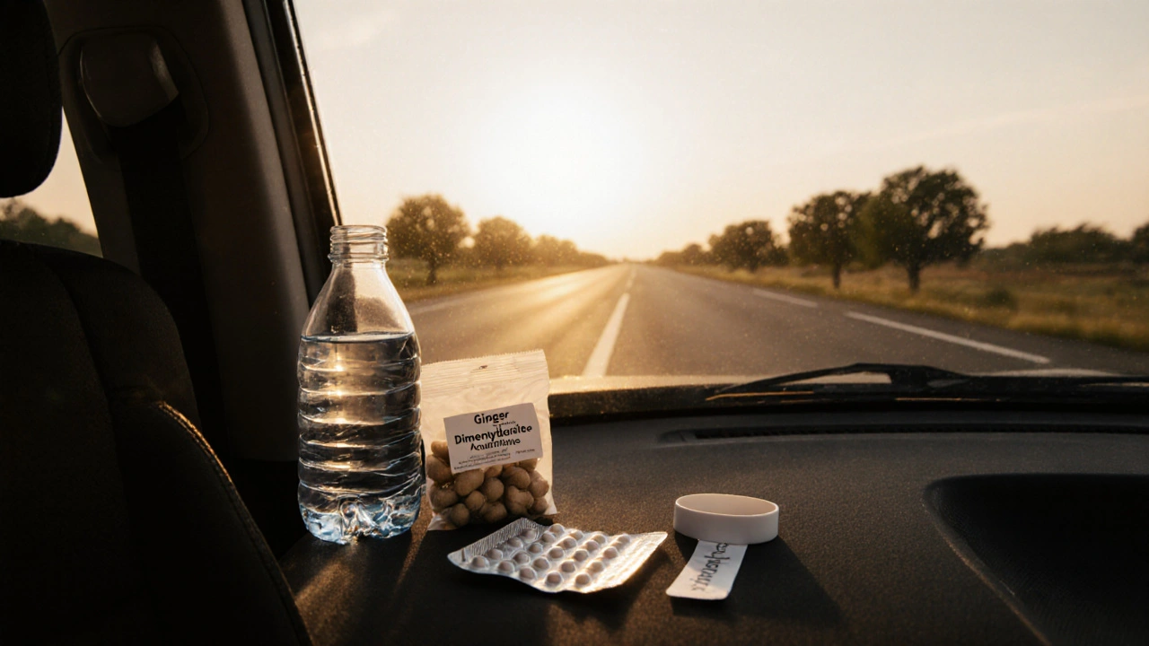 Car front seat with water, ginger candies, pills, wristband, and a horizon view.