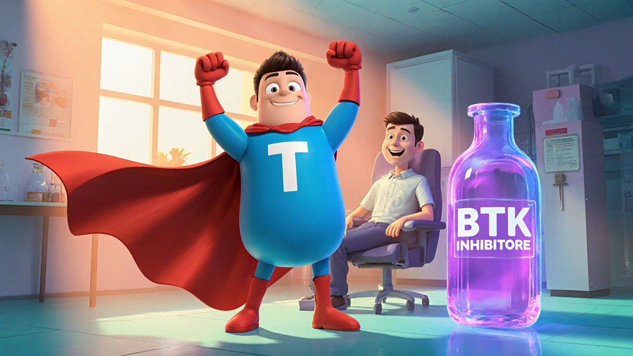 Cartoon T‑cell superhero stands with a patient, celebrating CAR‑T and BTK breakthroughs.