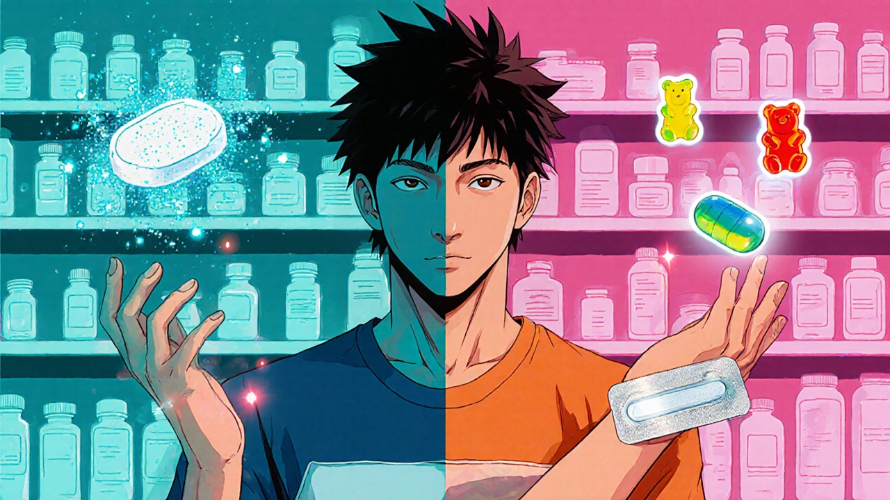 Character comparing floating tablet, gummy, patch, and softgel in a pharmacy aisle.