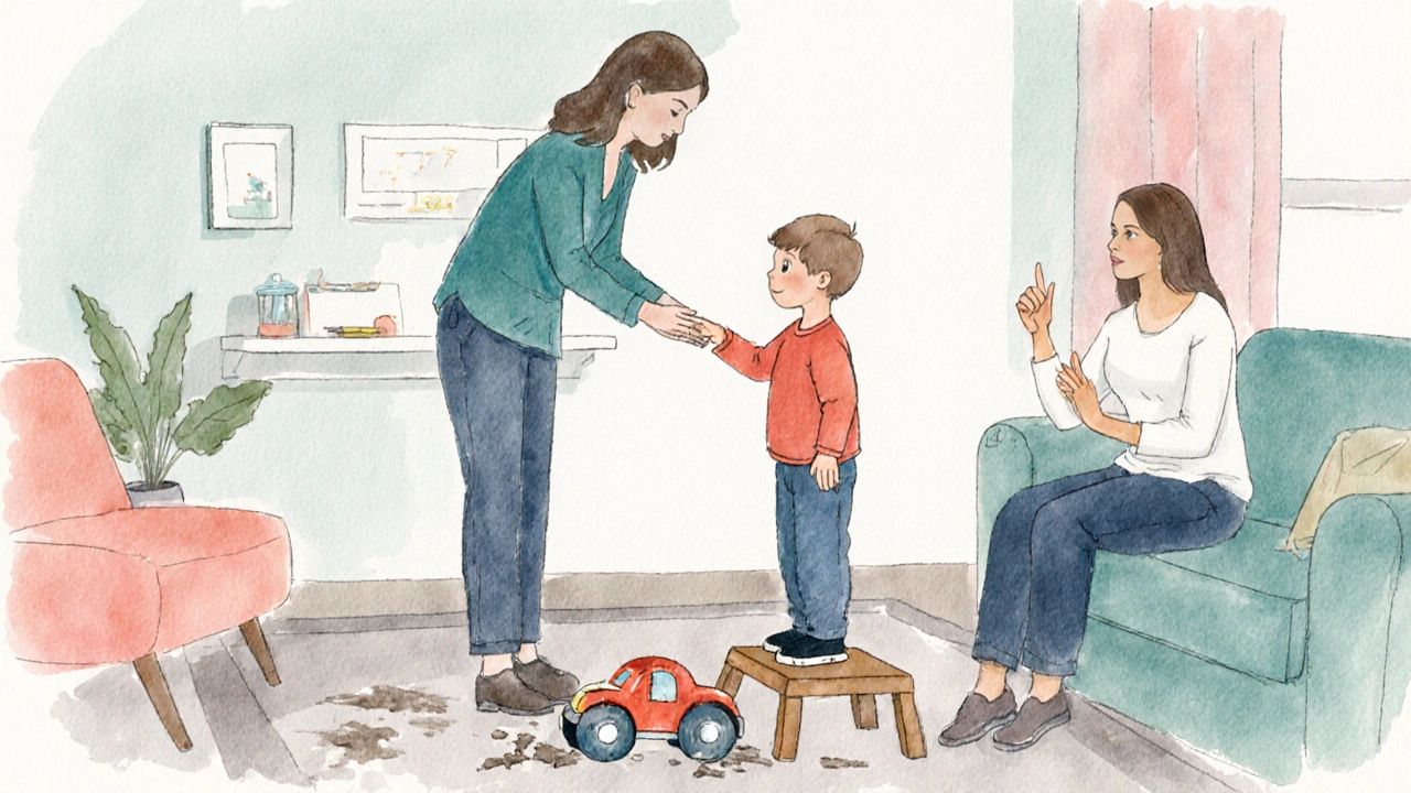 Child therapist guides a boy to touch a mildly dirty toy car while a parent watches supportively.