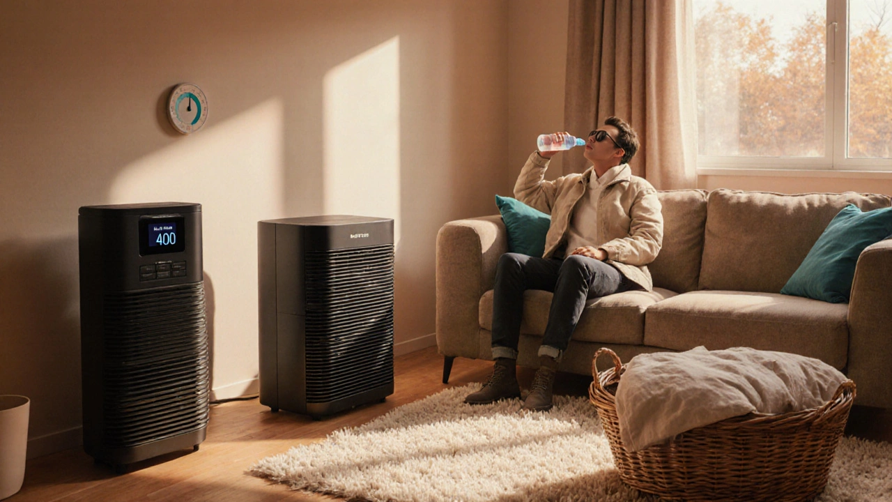 Cozy indoor scene with air purifier, dehumidifier, and person rinsing sinuses.