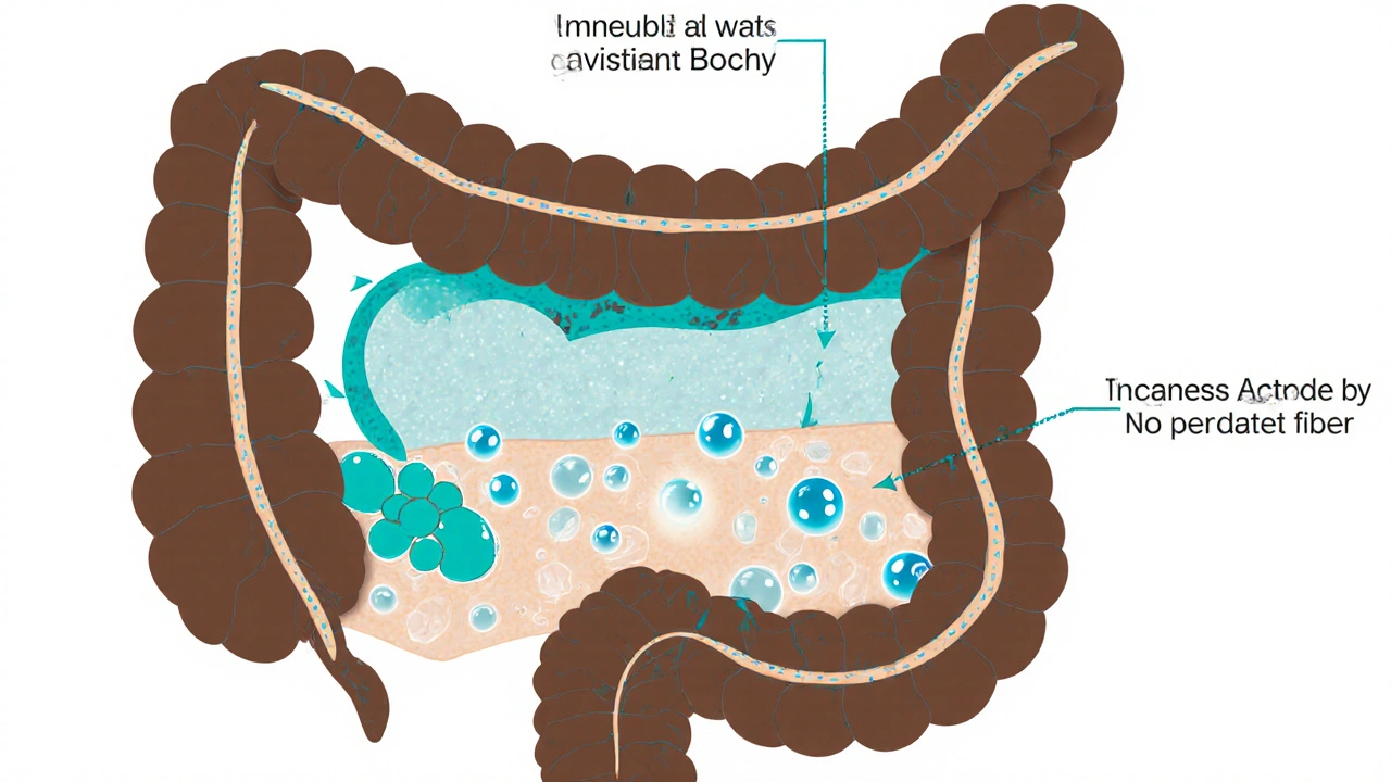 Cross‑section of the colon showing insoluble fiber swelling with water and soluble fiber being fermented, releasing anti‑inflammatory compounds.