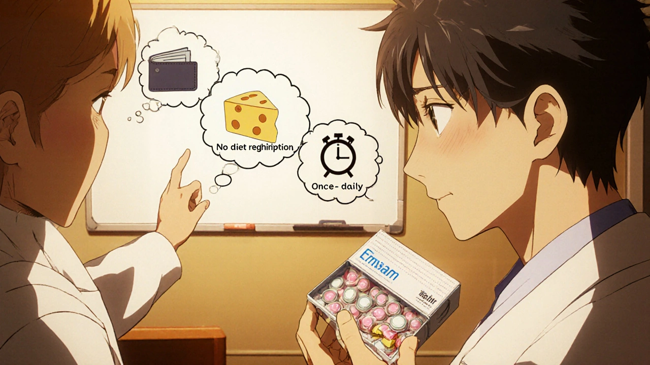 Doctor discussing options with patient holding a patch and pills, thought bubbles show cost and convenience.