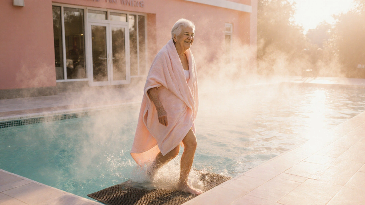 Elderly woman exits warm therapy pool at sunrise, displaying confidence and mobility.