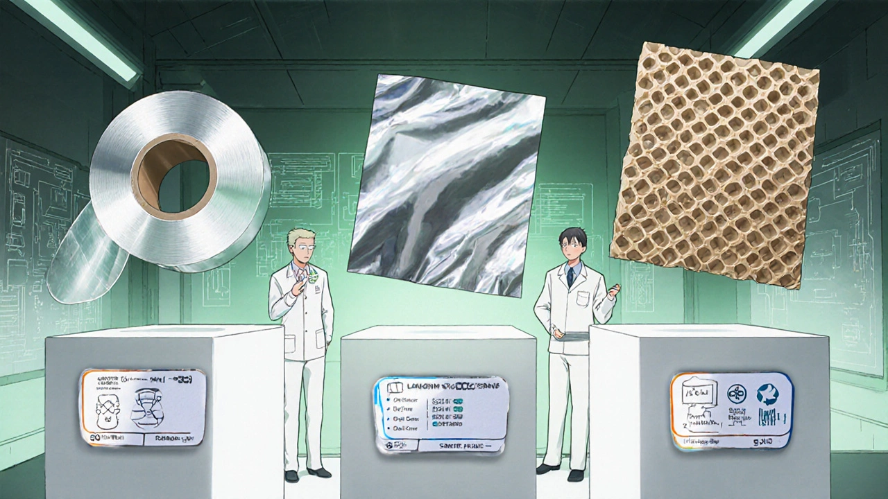 Engineers examine plastic film, aluminum foil, and honeycomb cardboard samples with floating data labels.