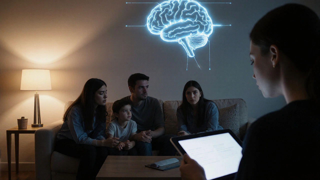 Family and therapist sit together as a faint brain circuit illustration glows overhead, symbolizing recovery.