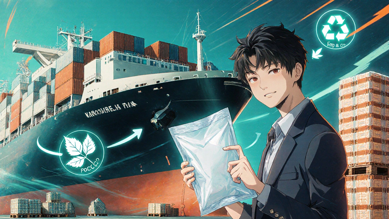 Futuristic cargo ship loads pallets of nanocellulose film packages, showing reduced emissions.