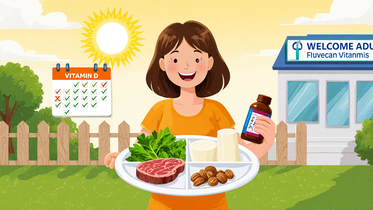 Happy woman on lawn with a balanced plate, multivitamin bottle, sun, and calendar.