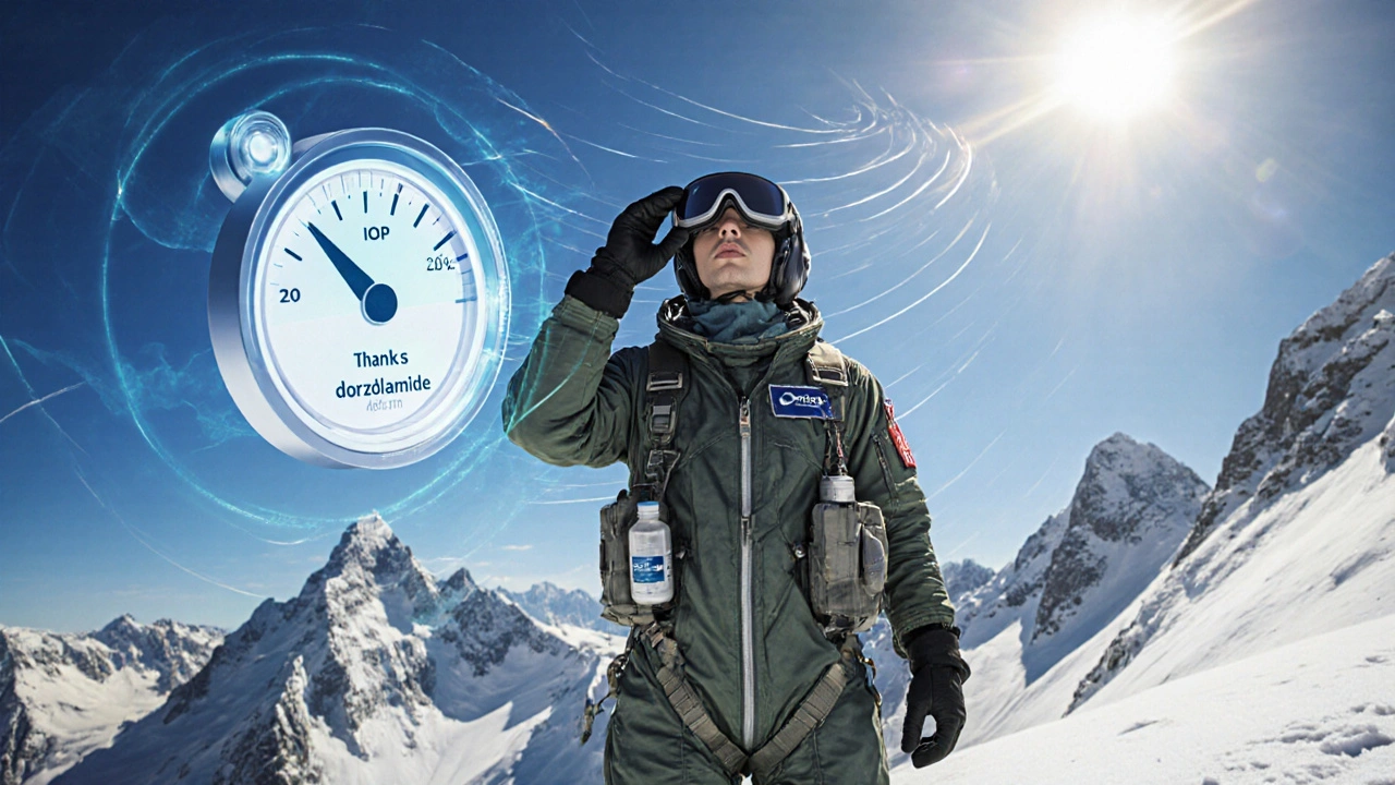 High‑altitude pilot with dorzolamide bottle, holographic IOP meter indicating low eye pressure.
