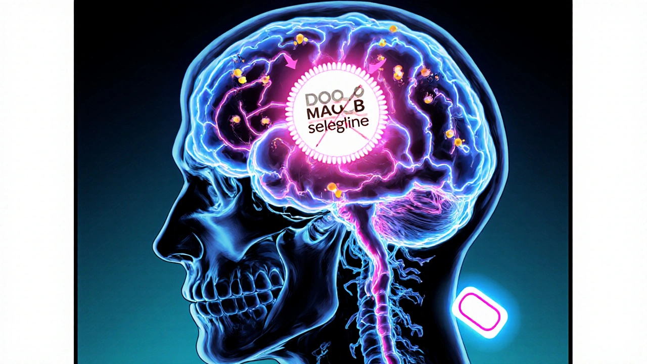 Illustrated brain with glowing neurotransmitters and a selegiline patch blocking MAO‑B enzyme.