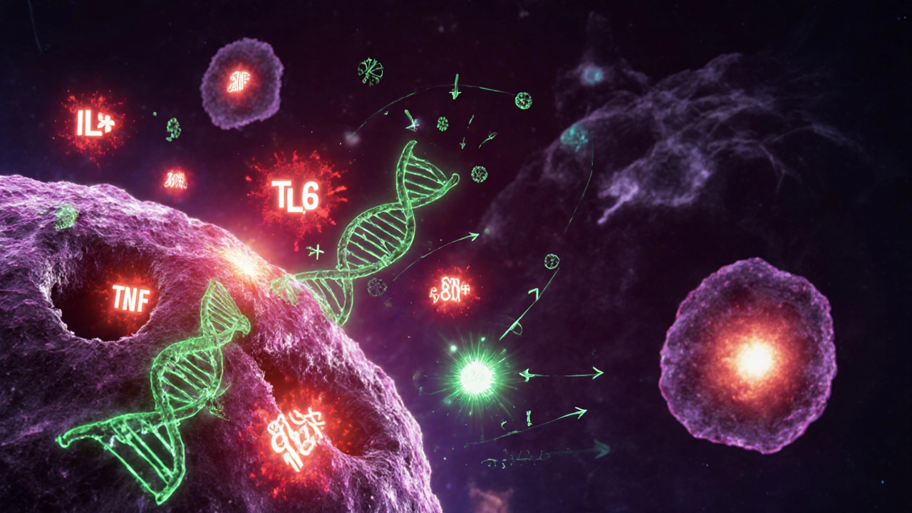 Illustration of inflamed cells, ROS DNA damage, and suppressed immune cells linking COPD to cancer.