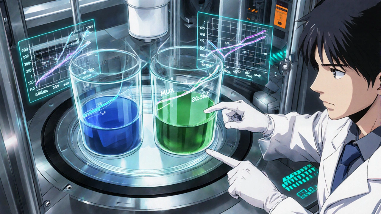 Lab scene showing vials of brand and generic serum with holographic bioequivalence curves.