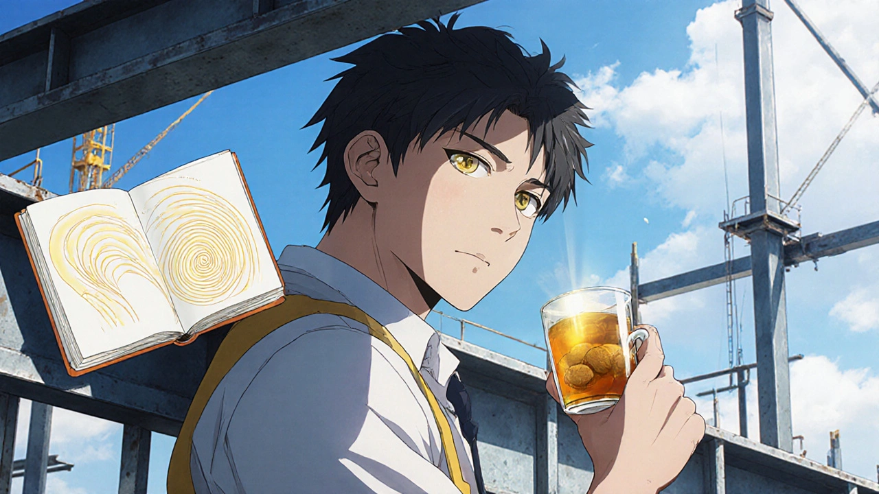 Man on construction site holds ginger tea, eyes showing mild yellow tint.