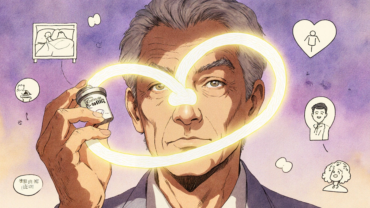 Man taking Tadalafil with dual pathways showing improved urinary flow and sexual function