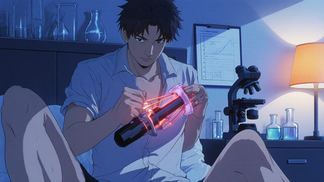 Man wearing a penile extender device, with lab equipment blurred in the background.