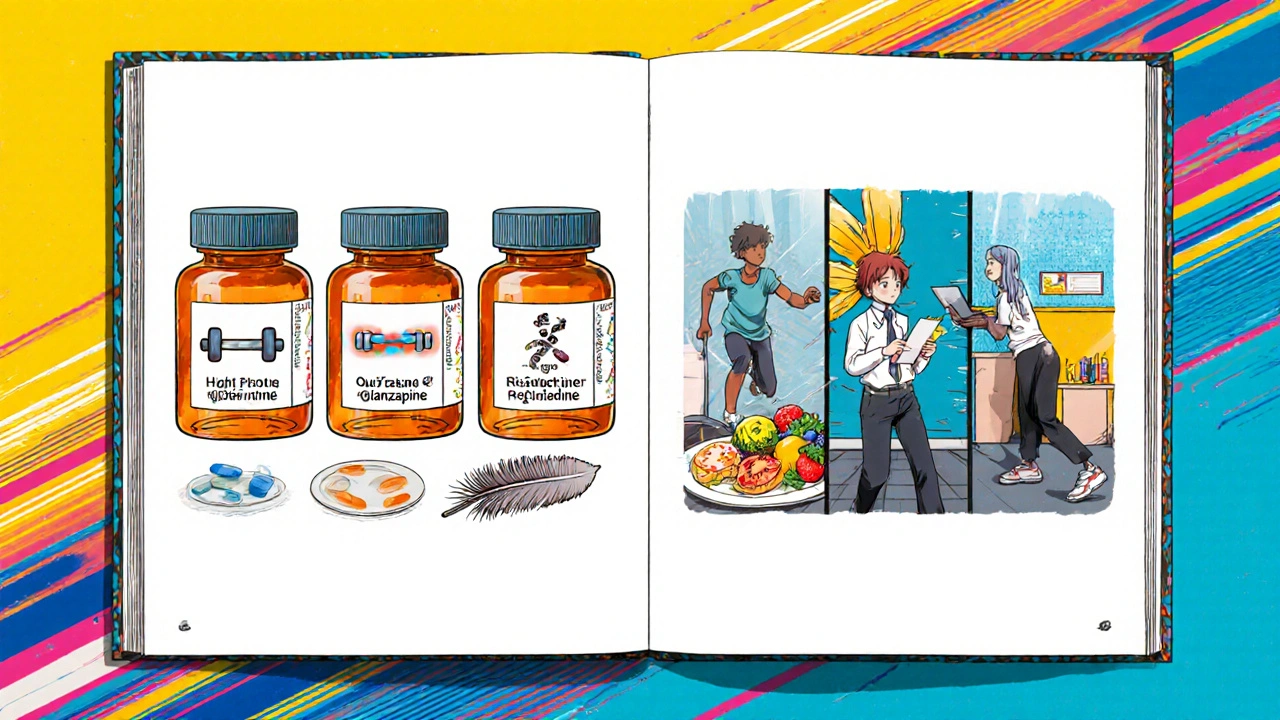 Medication bottles with weight icons beside patient doing meals, cardio, and counseling.