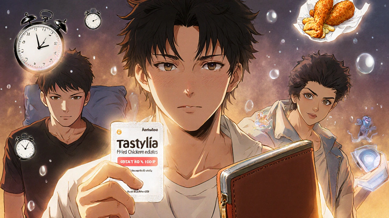 Men storing Tastylia strips in wallets, nightstands, and gym bags with time and food icons fading away.