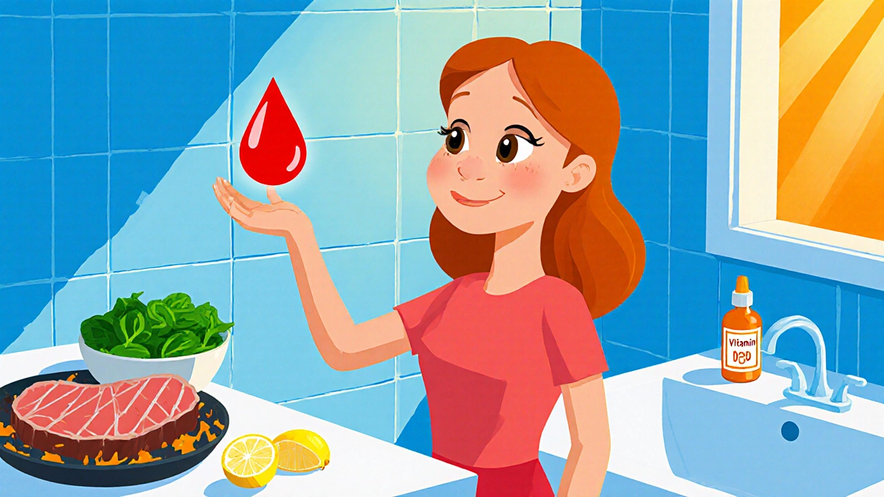 Pale woman holding a glowing blood drop next to iron-rich foods and a sunlit window.