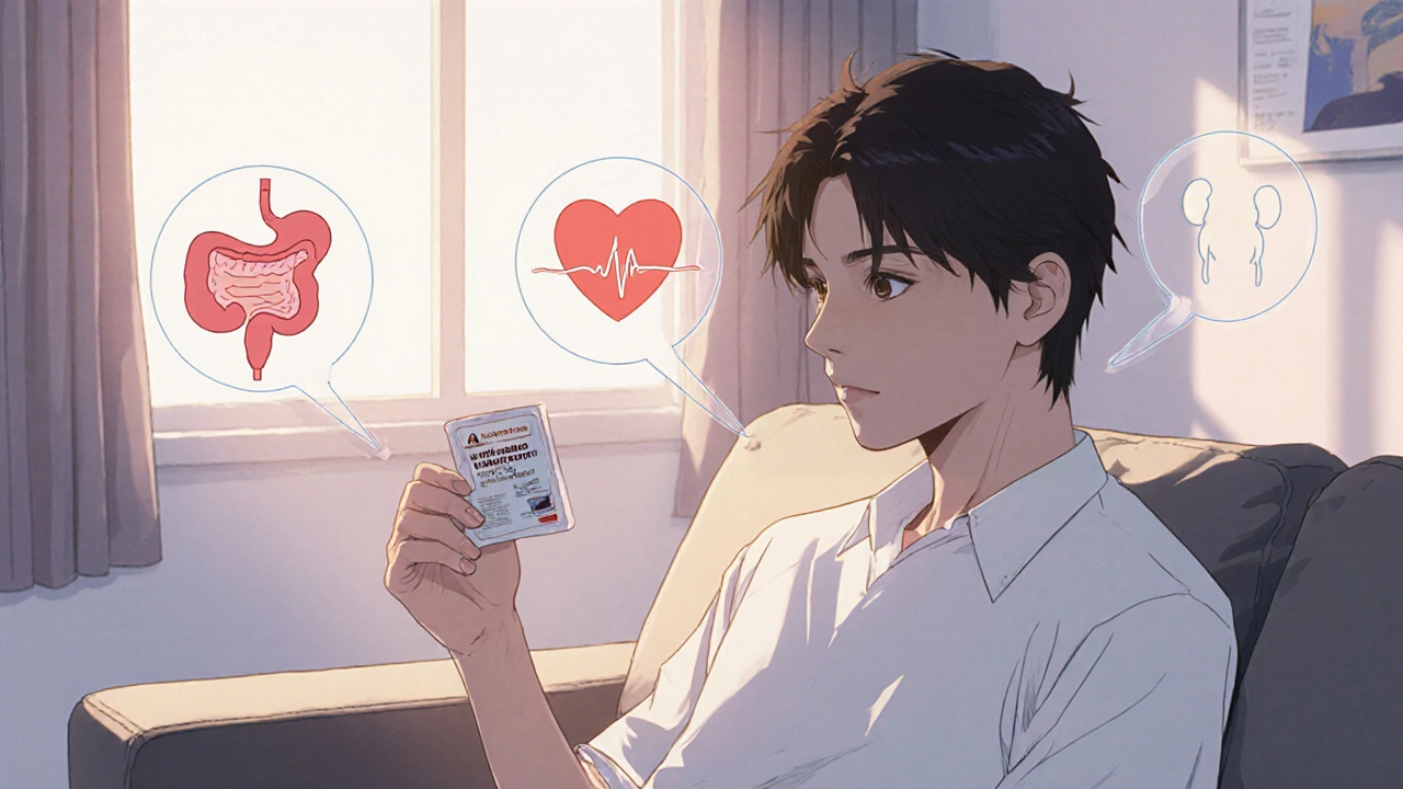 Patient at home holds Diclofenac, with faint icons of stomach, heart, and kidney.