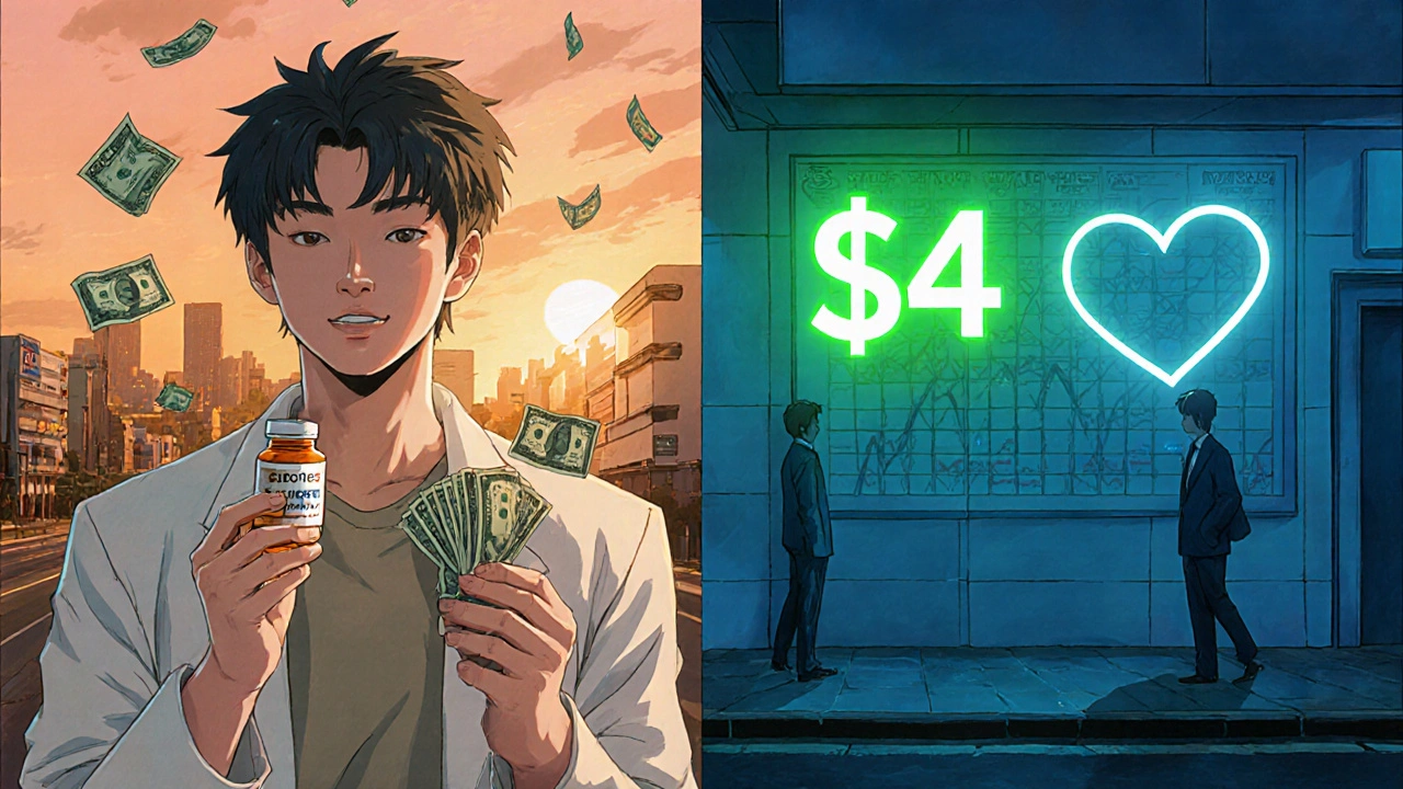 Person holding generic pill bottle with saved money, backdrop of city and cost‑saving symbols.