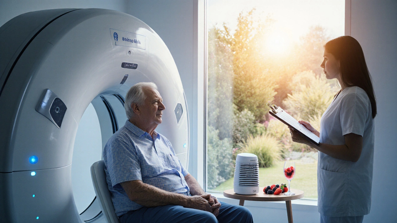Person in a low‑dose CT scanner with doctor, garden view, air purifier and berries suggesting prevention.