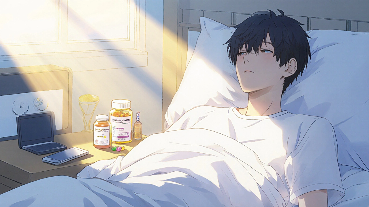 Person smiling in a sunrise bedroom with pill bottle, gummies, and patch on a bedside table.