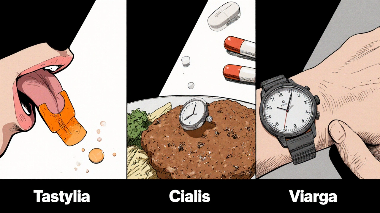 Side-by-side visual comparison of Tastylia strip, Cialis tablet, and Viagra pill with symbolic elements.