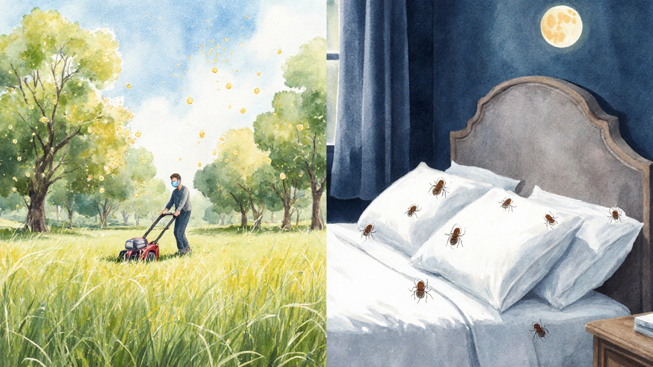 Split illustration of grass pollen in a park and dust mites on a bedroom pillow.