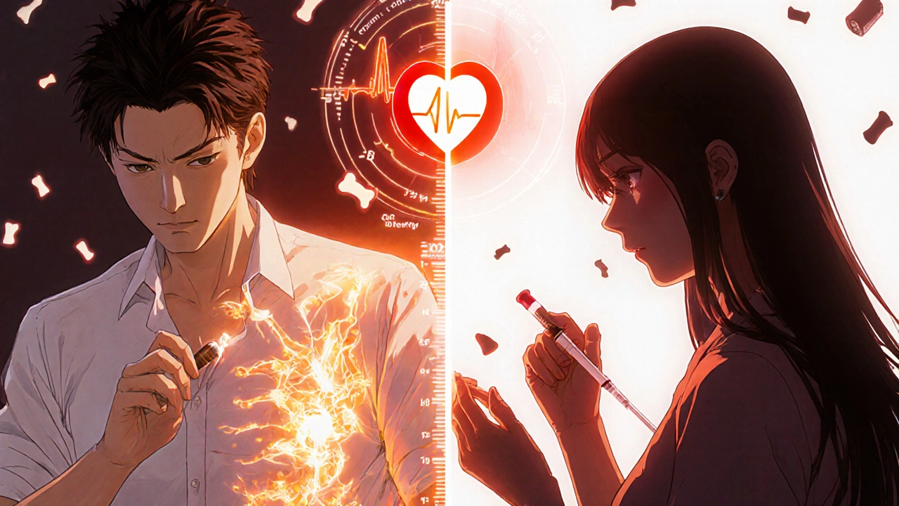 Split scene of daily injection and monthly treatment with bone growth and heart risk symbols