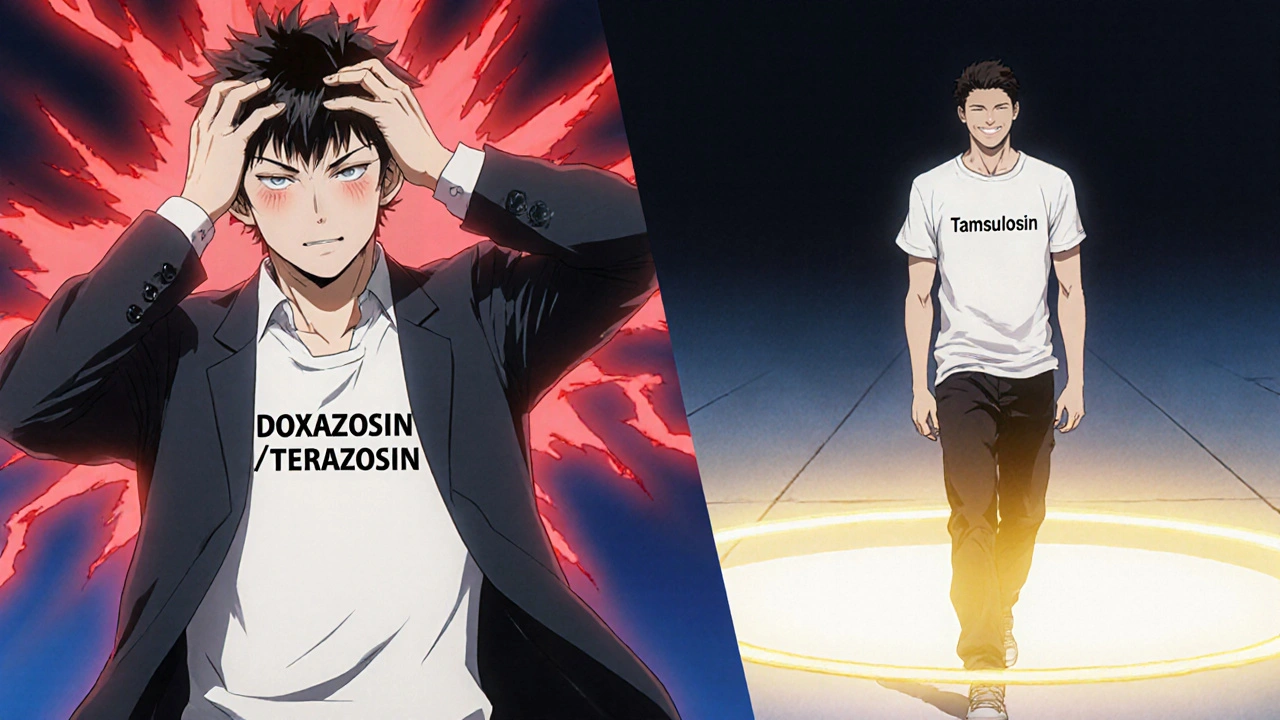 Split scene: one man dizzy from blood pressure drop, another calm with targeted prostate relief