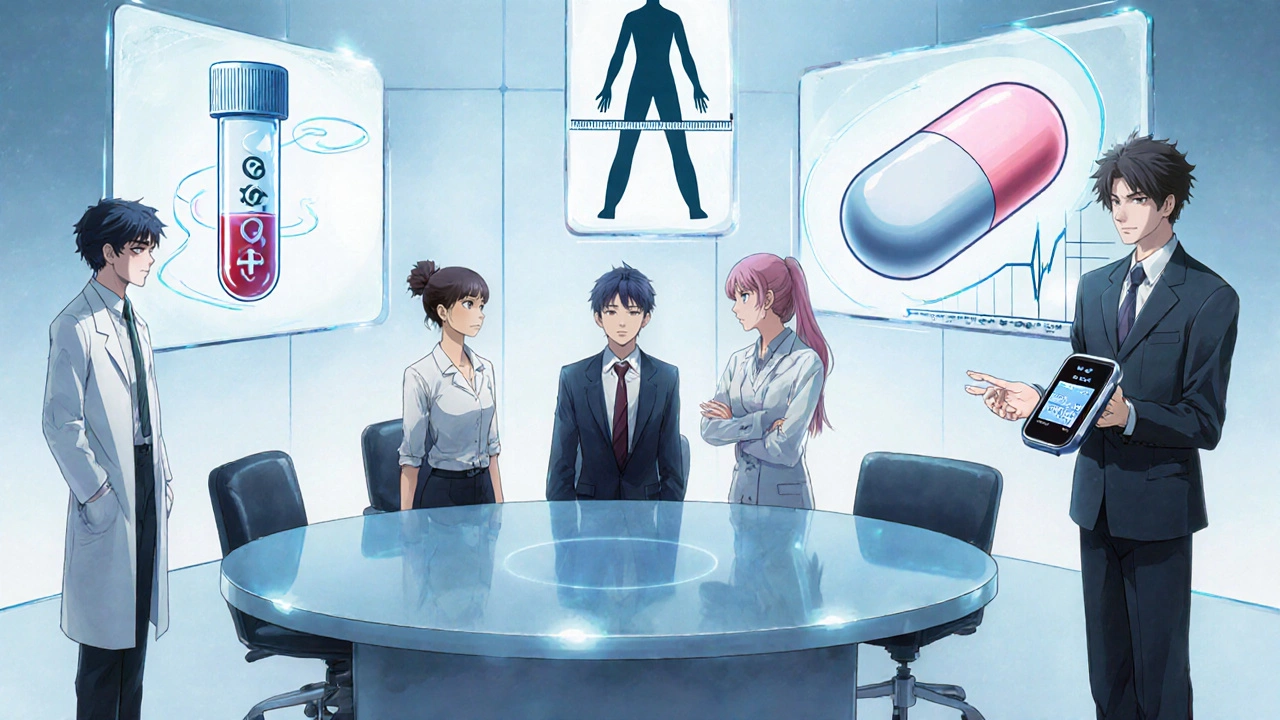 Team of clinicians reviewing labs and a patient with smartwatch tracking weight and health data.