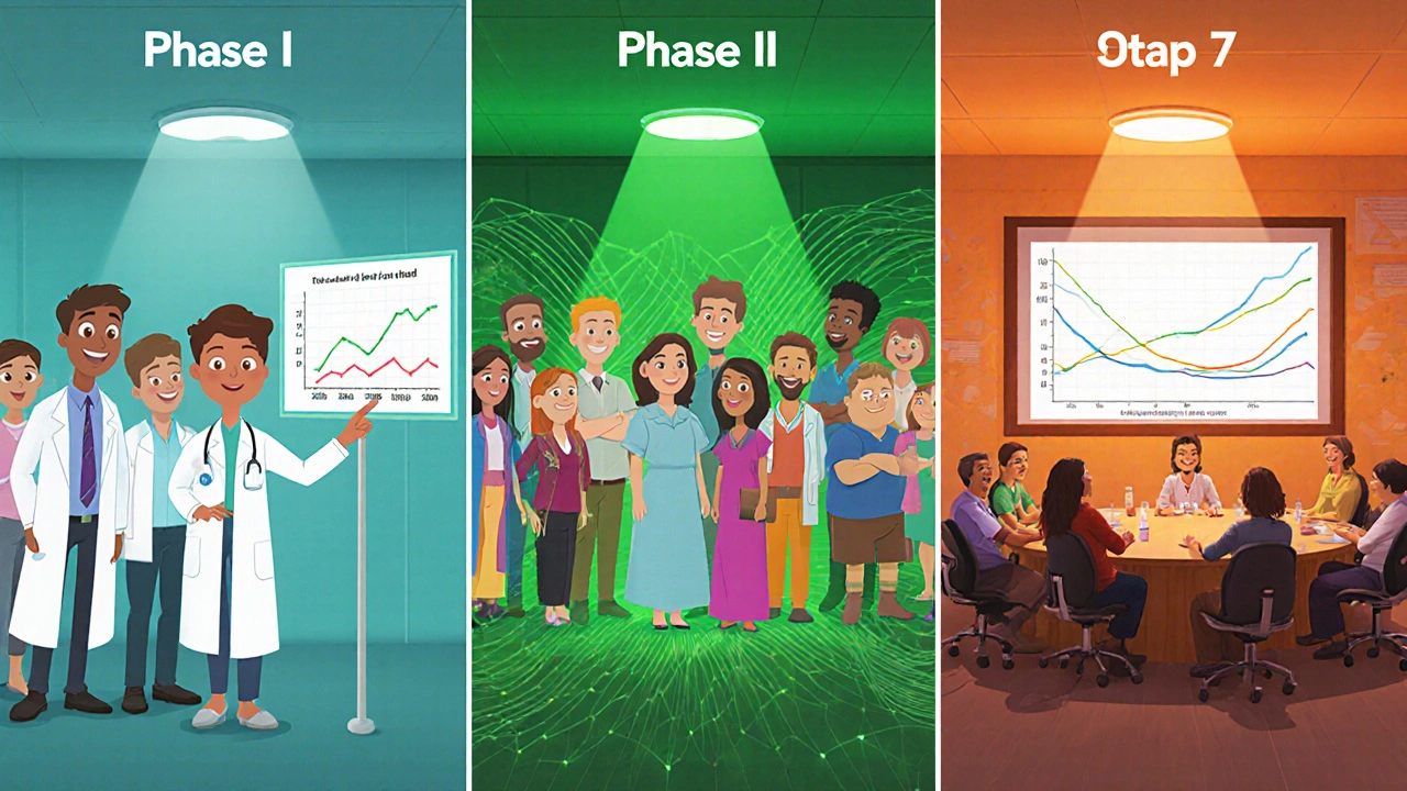 Three-panel Pixar scene showing Phases I, II, III of a blood‑cancer trial.