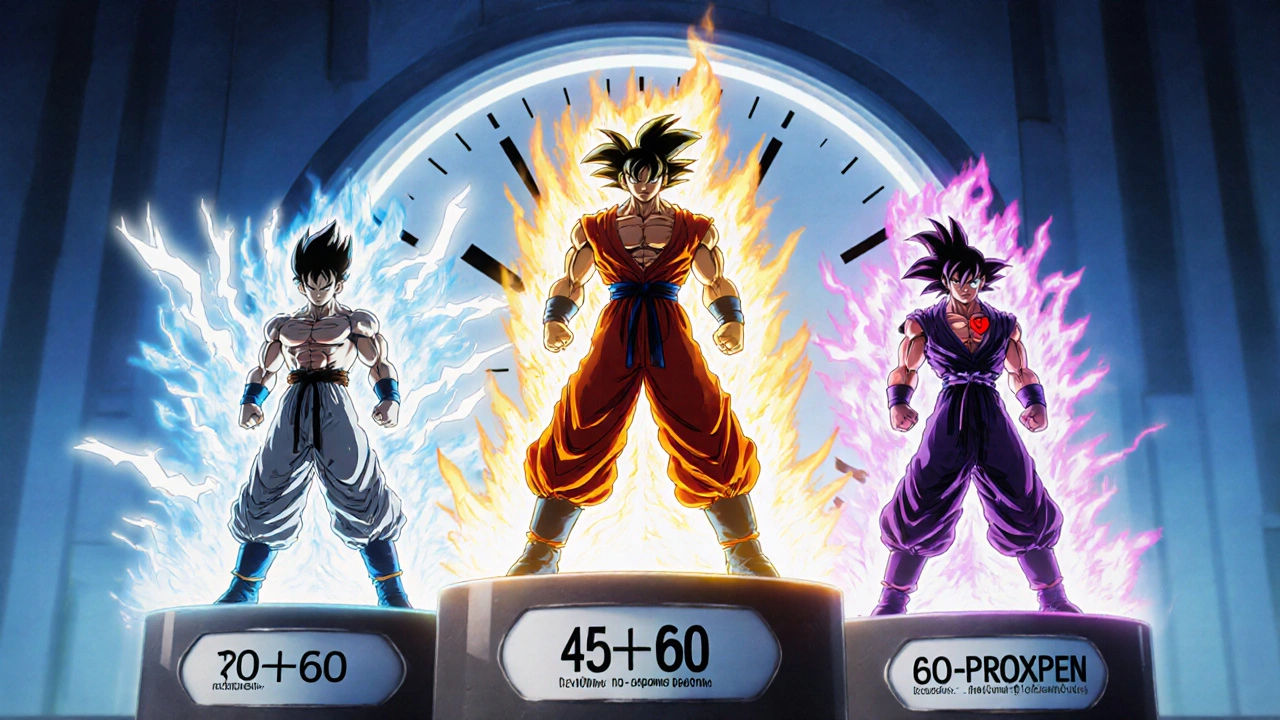 Three stylized fighters represent Diclofenac, Ibuprofen, and Naproxen with speed lines.