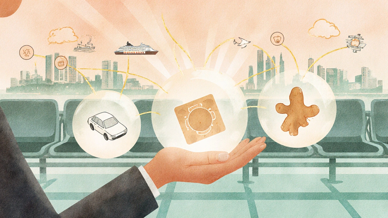 Traveler considering medication options with floating orbs for pills, patch, and ginger