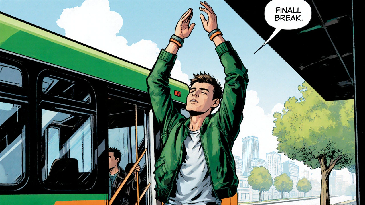 Traveler exiting a bus, stretching with a wristband, under sunny sky.