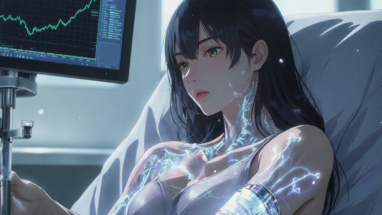 Woman receiving IV infusion for osteoporosis, glowing bone regeneration