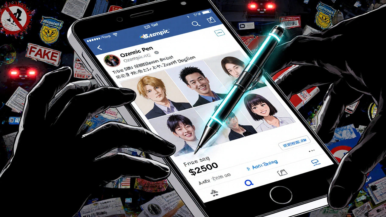 A glowing Ozempic pen in a social media ad drains credit cards and personal data while fake pharmacy badges flash in the background.