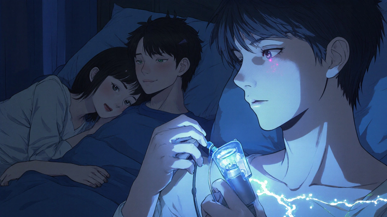 A patient receiving subcutaneous immunoglobulin therapy at home at night, with a glowing device and flowing antibody streams.