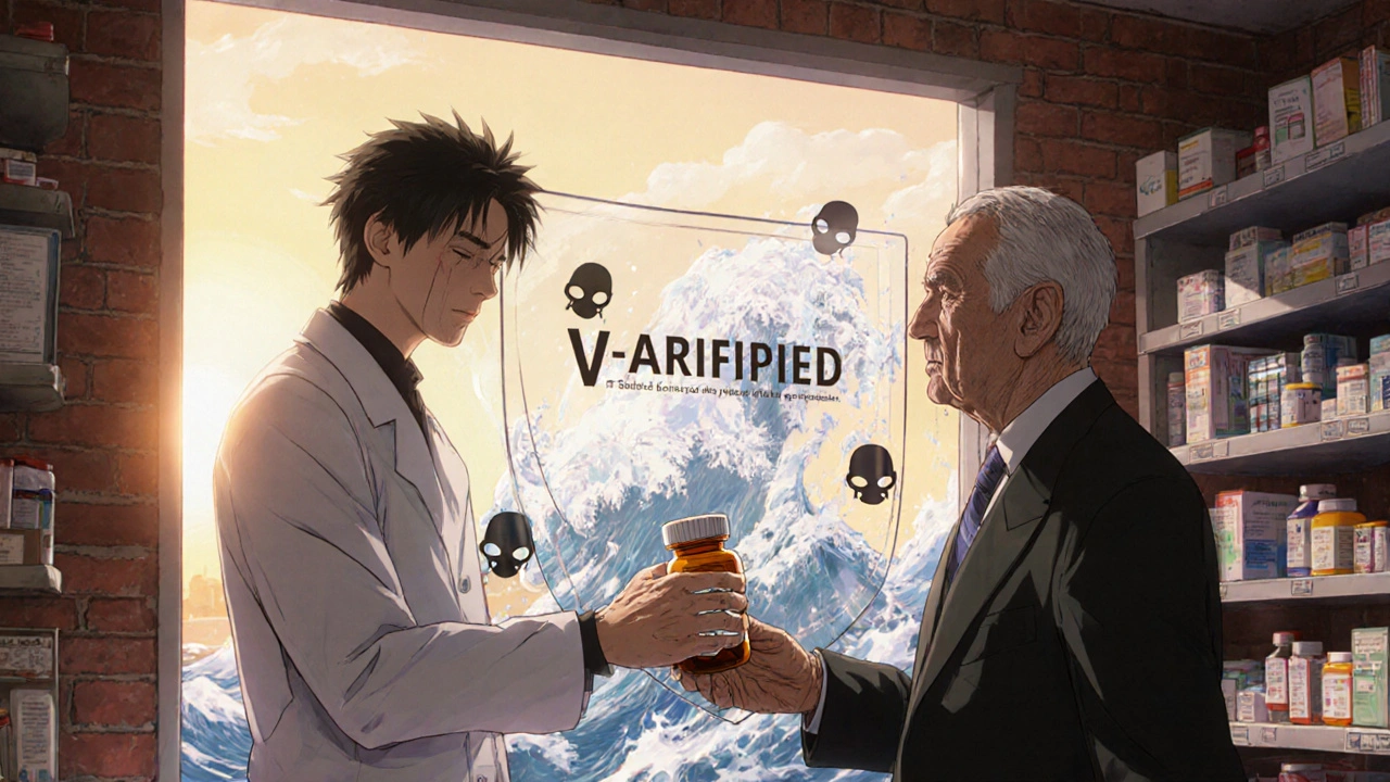 A pharmacist hands a safe prescription to an elderly man as a shield blocks a wave of counterfeit drugs and criminal masks.