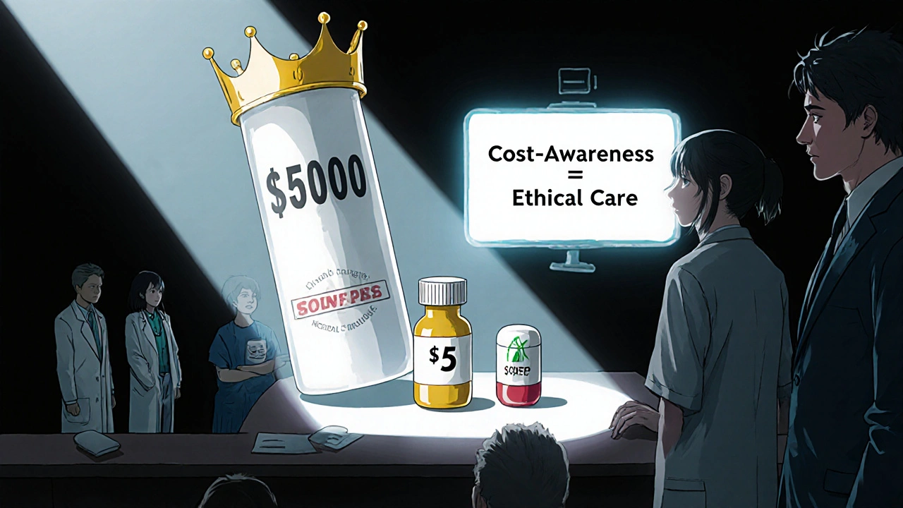 A symbolic courtroom where expensive and cheap pills face off under ethical scrutiny.