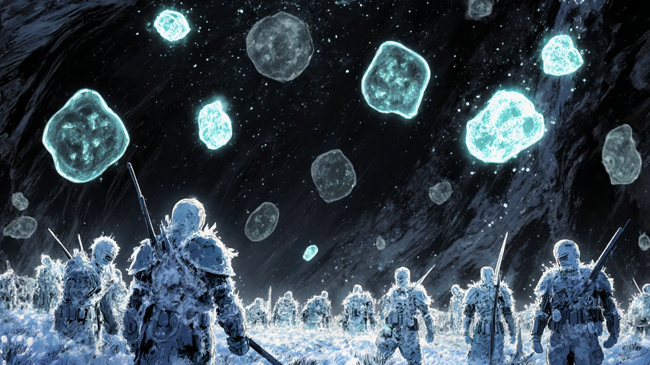 B cells frozen in a body battlefield as plasma donations form protective antibody shields against invading bacteria.