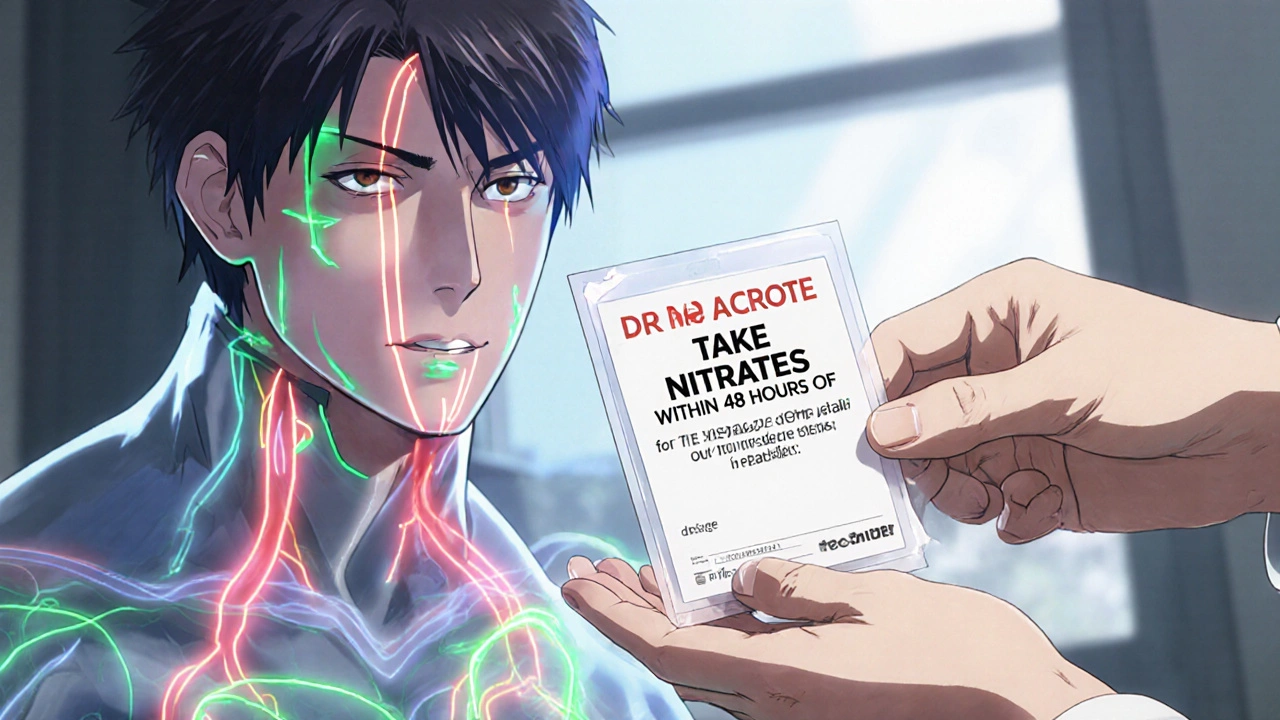 Close-up of a wallet card warning against mixing nitrates and tadalafil, with transparent body overlay.