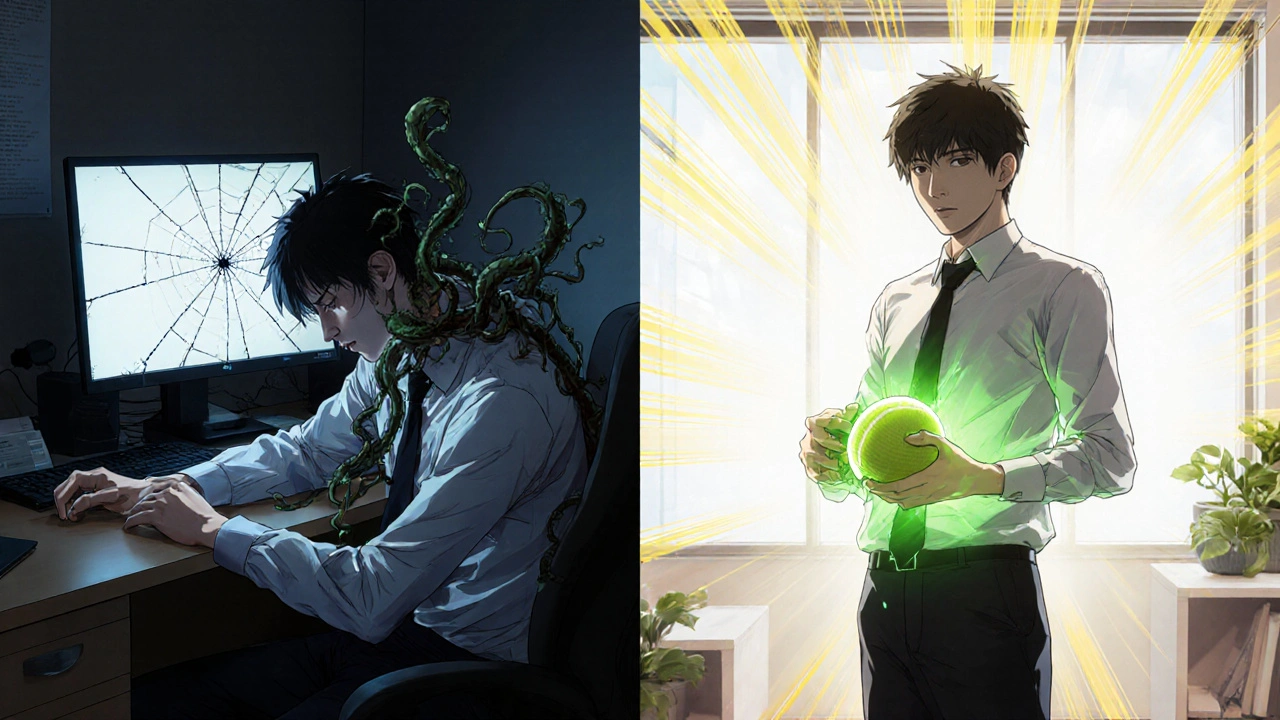Contrasting scenes: slouched worker with pain vines vs. same person releasing trigger point with tennis ball in sunlight.