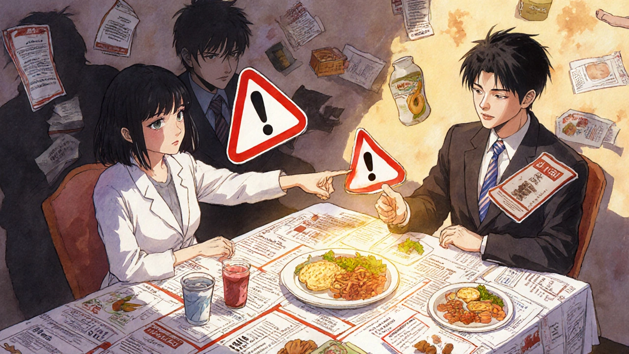 Diabetes educator points to food labels as hidden sugars loom as warnings, healthy meal glows brightly.