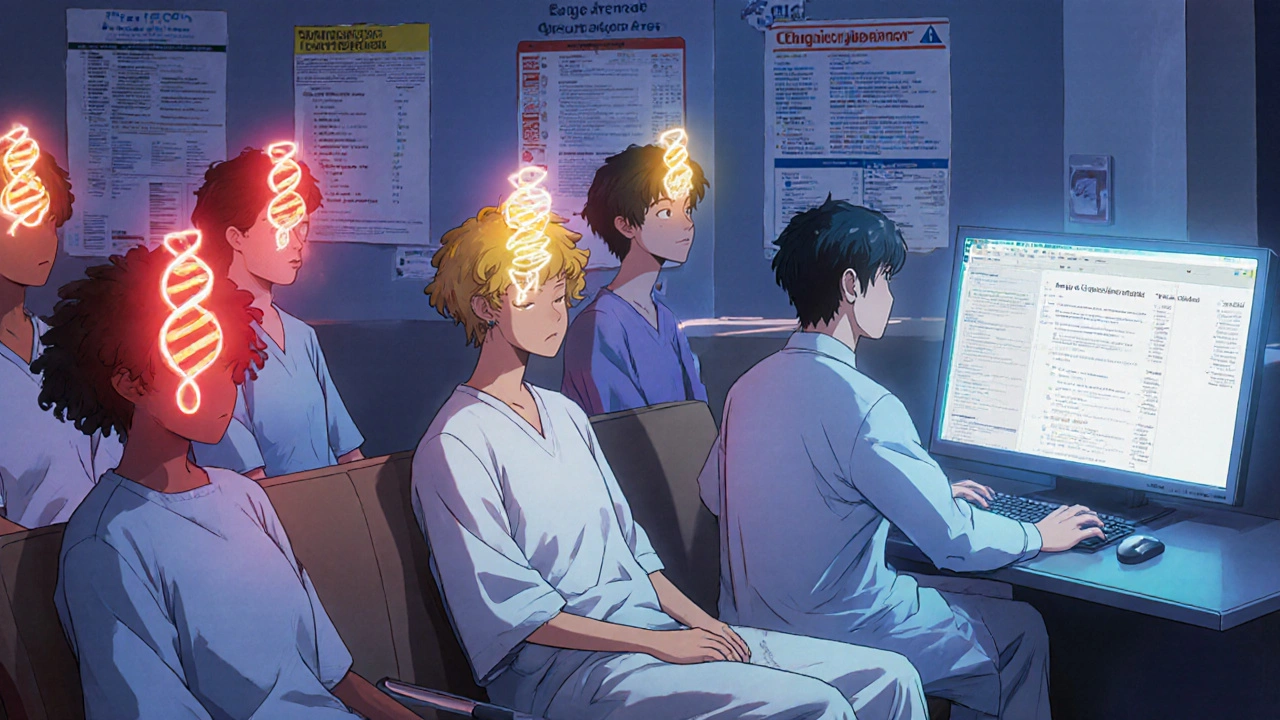 Diverse patients in hospital with glowing gene markers, doctor viewing pharmacogenomic alerts.