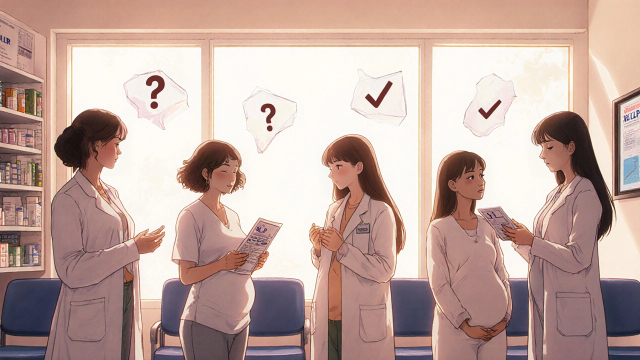 Diverse pregnant women in clinic consulting healthcare providers, with floating question marks and checkmarks above.