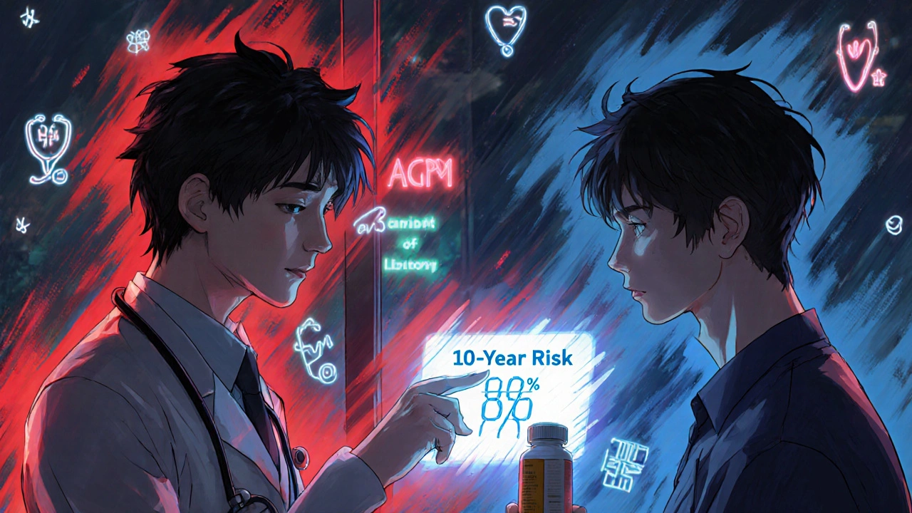 Doctor and patient reviewing heart risk calculator with red and blue energy halos.